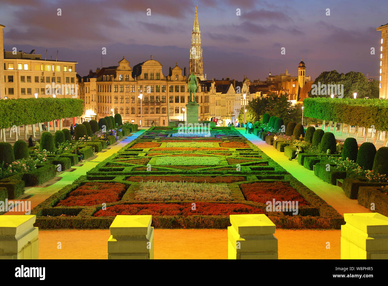 Mont des Arts Gardens and Tower of the Town Hall at night, Brussels, Belgium Stock Photo