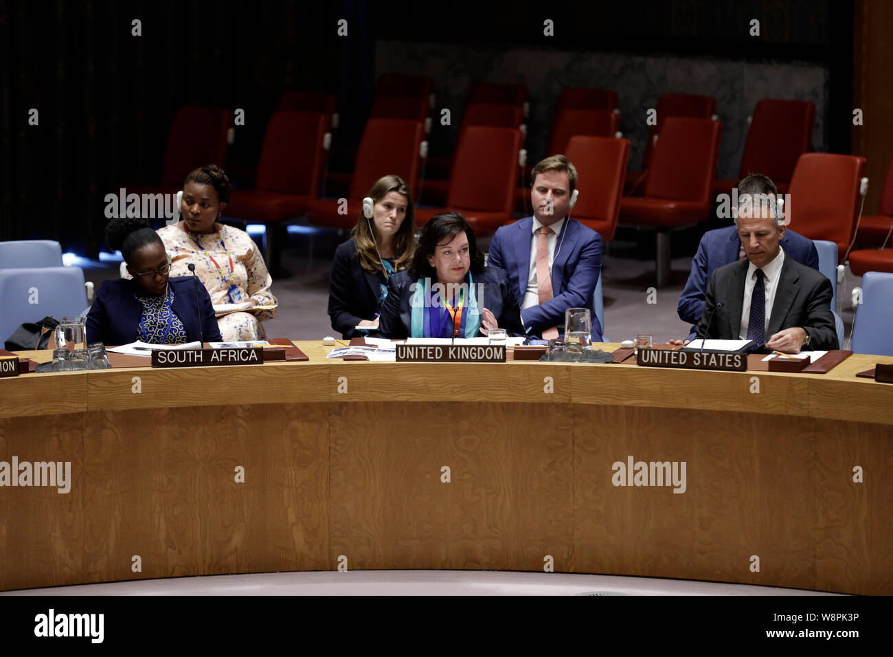United Nations, Security Council emergency meeting on the situation in Libya at the UN headquarters in New York. 10th Aug, 2019. British Ambassador to the United Nations Karen Pierce (C, front) addresses a Security Council emergency meeting on the situation in Libya at the UN headquarters in New York, Aug. 10, 2019. United Nations Security Council on Saturday strongly condemned the car bomb attack in Benghazi, Libya, in which three UN staff members were killed and several others injured. Credit: Li Muzi/Xinhua/Alamy Live News Stock Photo