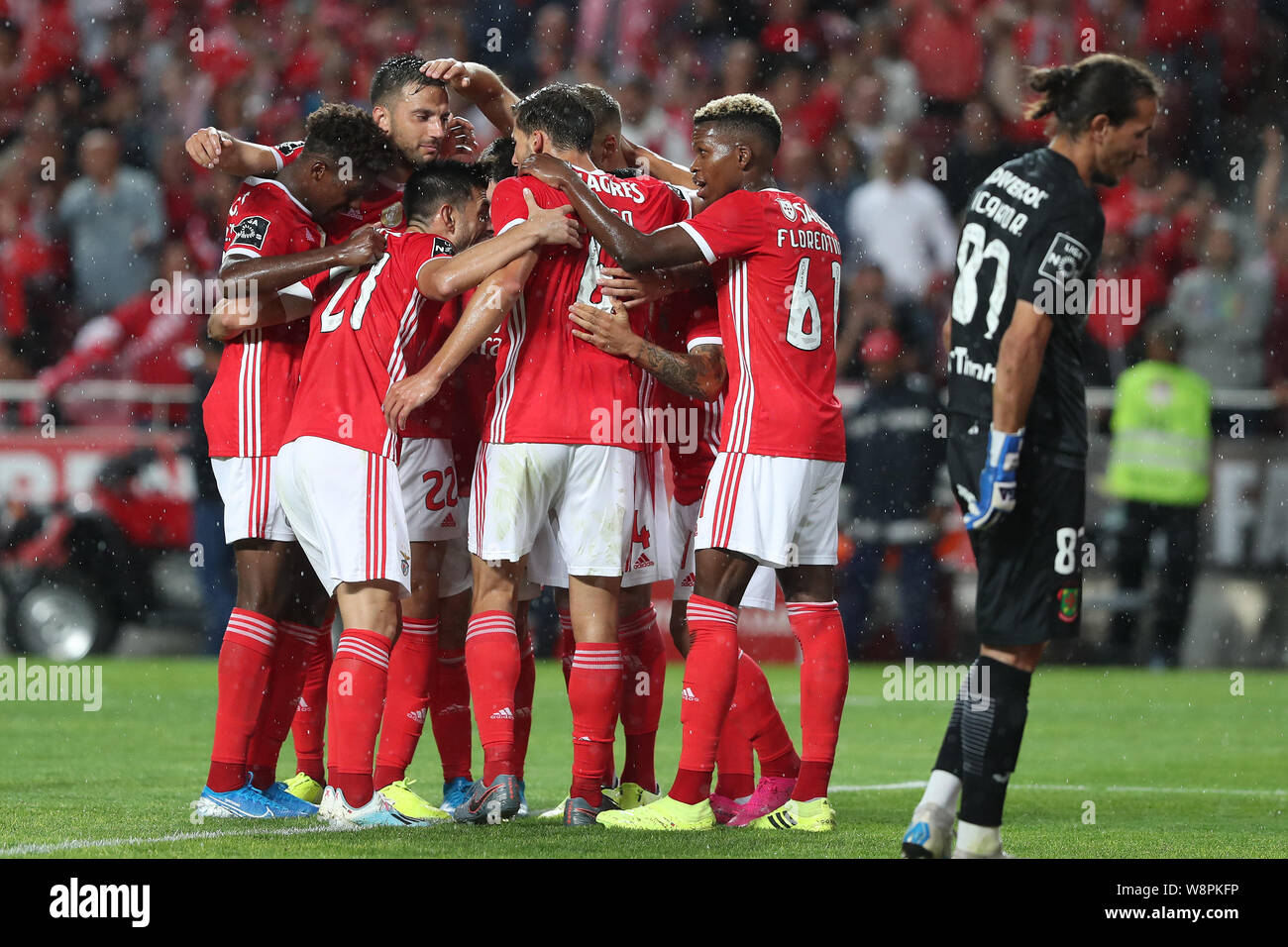 Lisbon, Portugal. 10th Aug, 2019. Haris Seferovic of Benfica celebrates with teammates after scoring during the Primeira Liga football match between SL Benfica and FC Pacos Ferreira at the Luz stadium in Lisbon, Portugal on August 10, 2019. Credit: Pedro Fiuza/ZUMA Wire/Alamy Live News Stock Photo