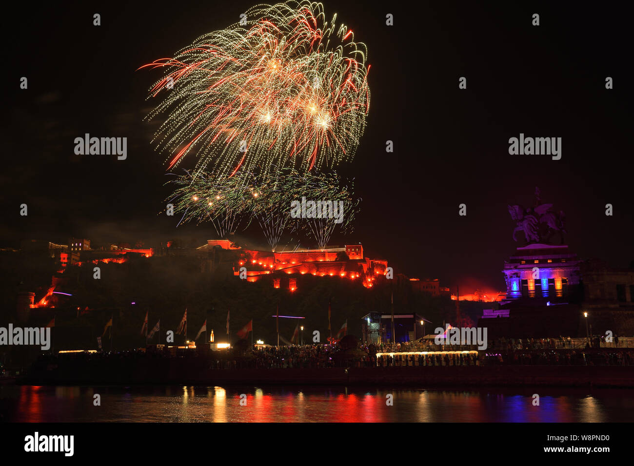 Fireworks at the Ehrenbreitstein Fortress, Koblenz, Germany during the Rhine in Flames 2019 celebration Stock Photo