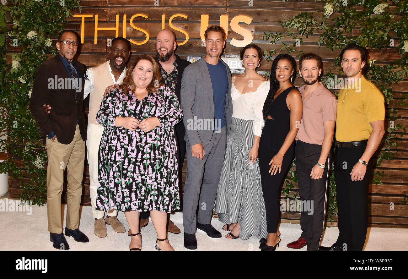 WEST HOLLYWOOD, CA - AUGUST 10: (L-R) Ron Cephas Jones, Sterling K. Brown, Chrissy Metz, Chris Sullivan, Justin Hartley, Mandy Moore, Susan Kelechi Watson, Michael Angarano and Milo Ventimiglia  attend NBC's 'This Is Us' Pancakes with the Pearsons at 1 Hotel West Hollywood on August 10, 2019 in West Hollywood, California. Stock Photo
