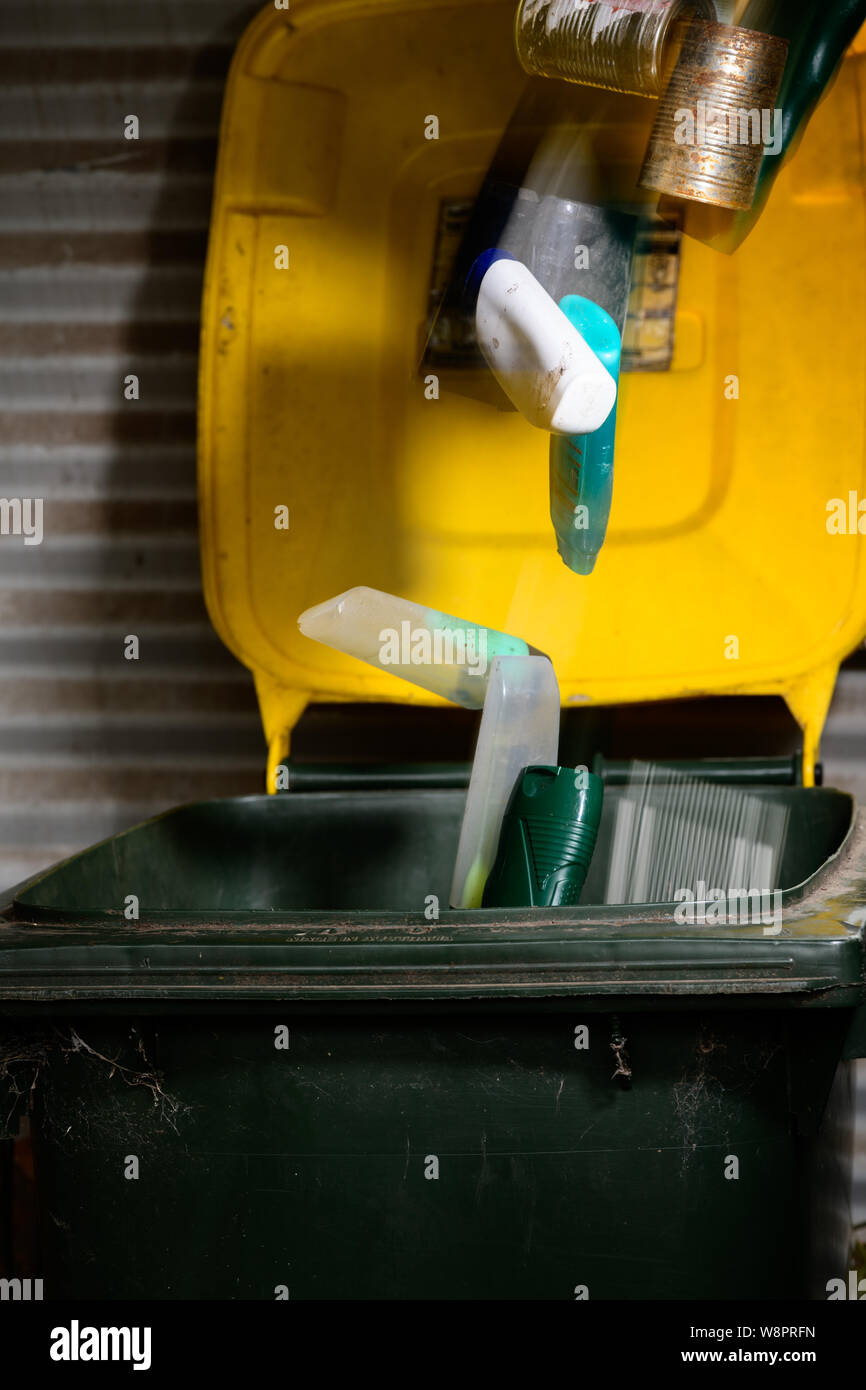 Filling the household Recycling Bin with plastic containers and empty tin cans Stock Photo Alamy