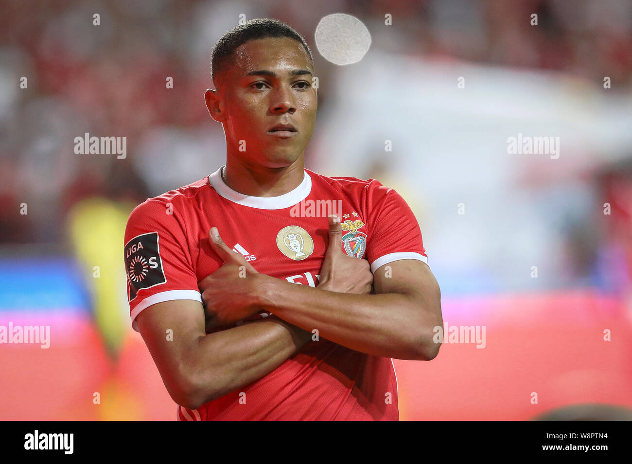 Lisbon, Portugal. 10th Aug, 2019. Carlos Vinícius of SL Benfica celebrates with teammates after scoring during the League NOS 2019/20 footballl match between SL Benfica vs FC Paços de Ferreira.(Final score: SL Benfica 5 - 0 FC Paços de Ferreira) Credit: SOPA Images Limited/Alamy Live News Stock Photo