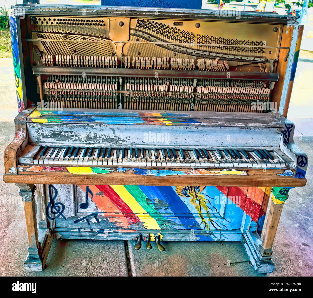 Old painted up jazz piano in well played condition. Stock Photo