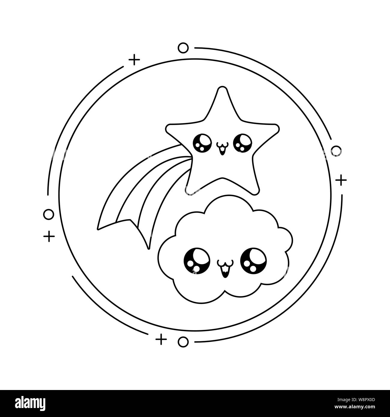 cute shooting star with cloud in frame circular kawaii style vector ...
