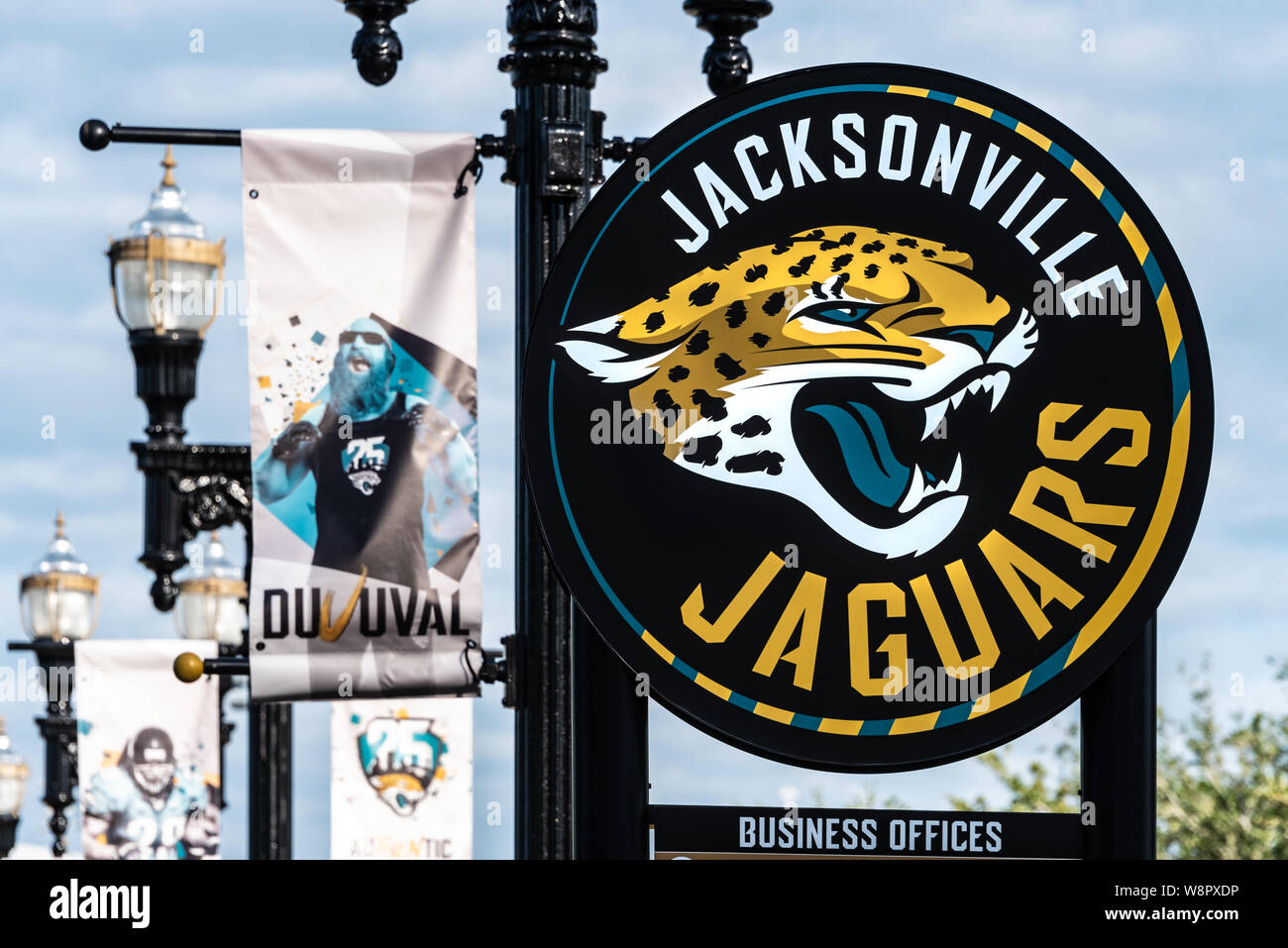 Parking lot signage at TIAA Bank Field, home of the NFL's Jacksonville Jaguars in downtown Jacksonville, Florida. (USA) Stock Photo
