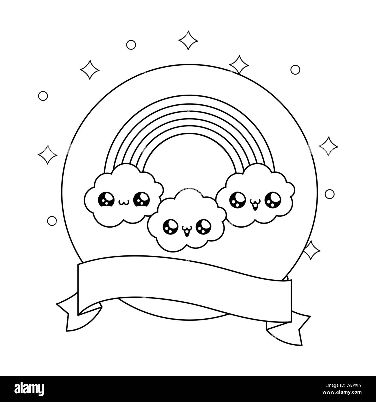 rainbow and clouds in frame circular with ribbon kawaii style vector ...