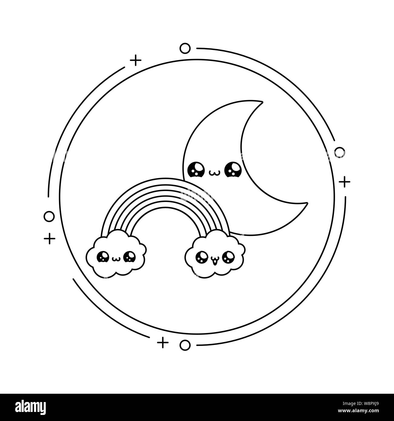 cute moon with rainbow in frame circular kawaii style vector ...