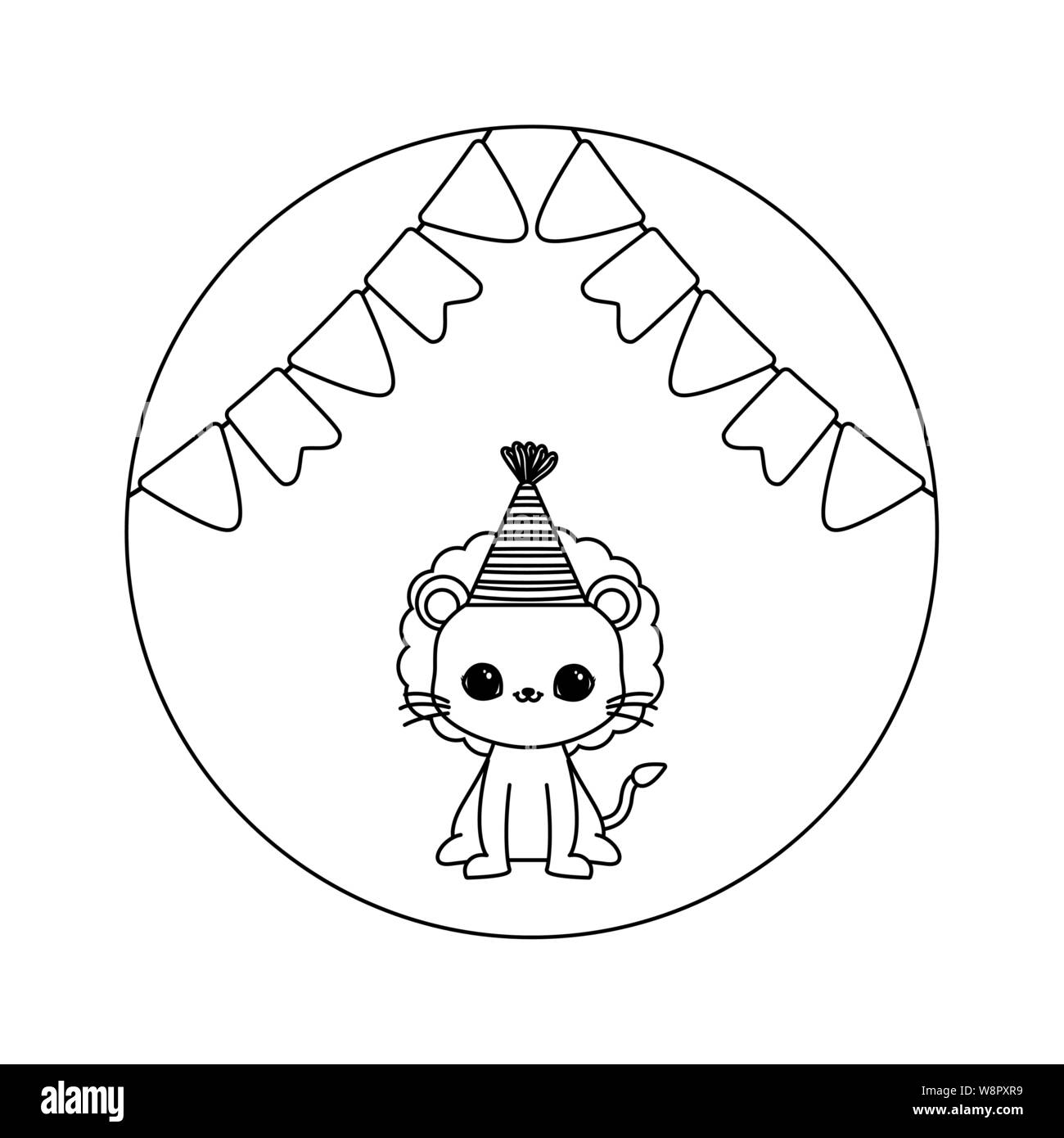 cute lion with hat party and garlands vector illustration design Stock ...