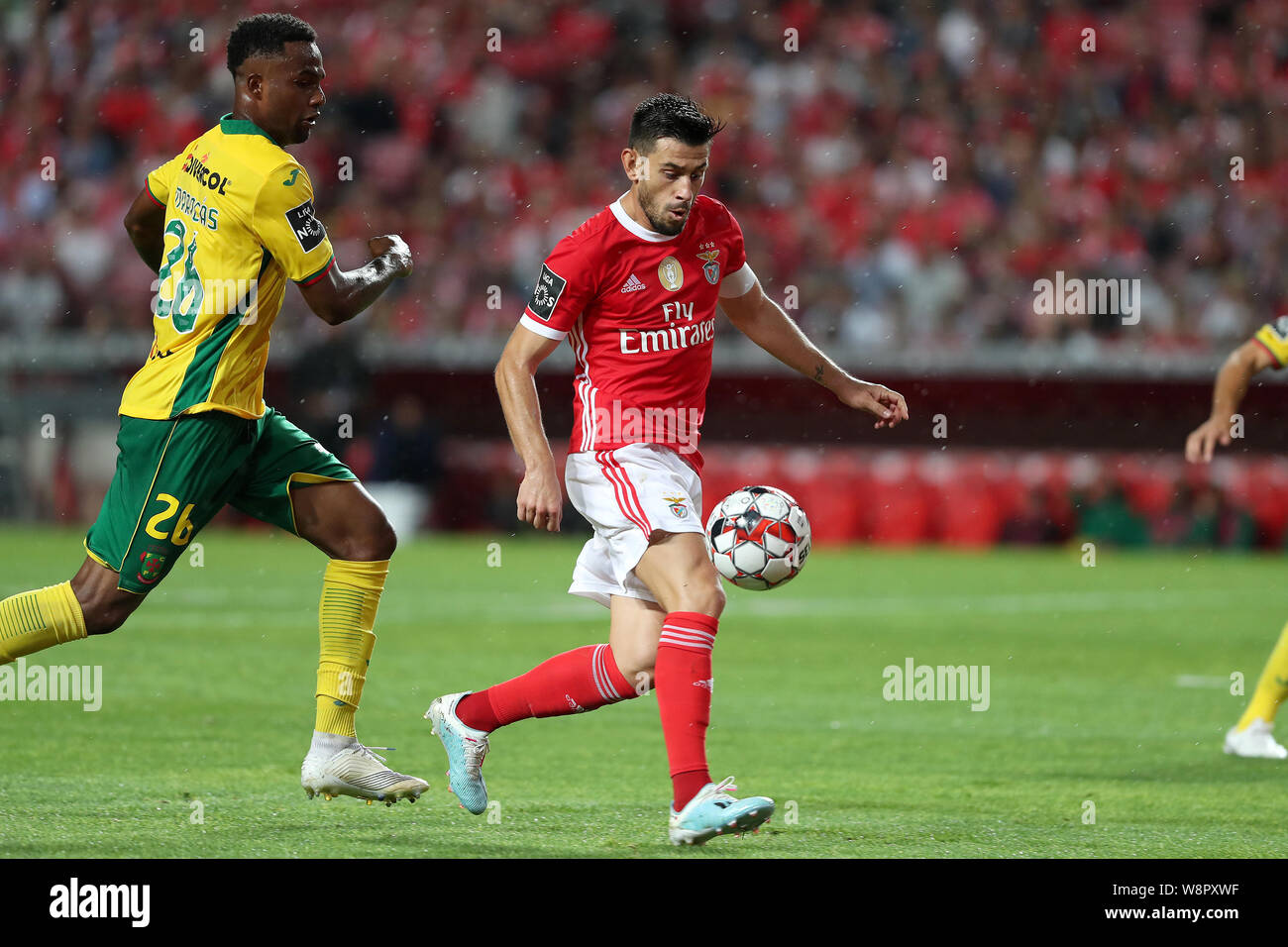 Lisbon, Portugal. 10th Aug, 2019. Pizzi of Benfica (R ) vies with Maracas of FC Pacos Ferreira during the Primeira Liga football match between SL Benfica and FC Pacos Ferreira at the Luz stadium in Lisbon, Portugal on August 10, 2019. Credit: Pedro Fiuza/ZUMA Wire/Alamy Live News Stock Photo
