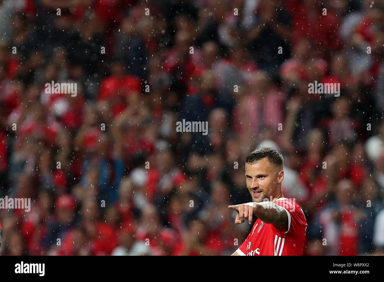 Lisbon, Portugal. 10th Aug, 2019. Haris Seferovic of Benfica celebrates after scoring a goal during the Primeira Liga football match between SL Benfica and FC Pacos Ferreira at the Luz stadium in Lisbon, Portugal on August 10, 2019. Credit: Pedro Fiuza/ZUMA Wire/Alamy Live News Stock Photo