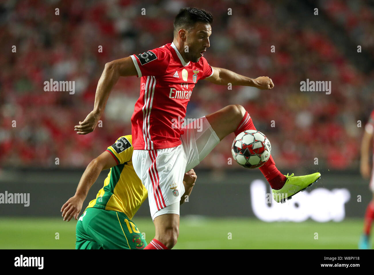 Lisbon, Portugal. 10th Aug, 2019. Benfica's Andreas Samaris controls the ball during the Portuguese league football match between Benfica and Pacos de Ferreira in Lisbon, Portugal, on Aug. 10, 2019. Credit: Petro Fiuza/Xinhua/Alamy Live News Stock Photo