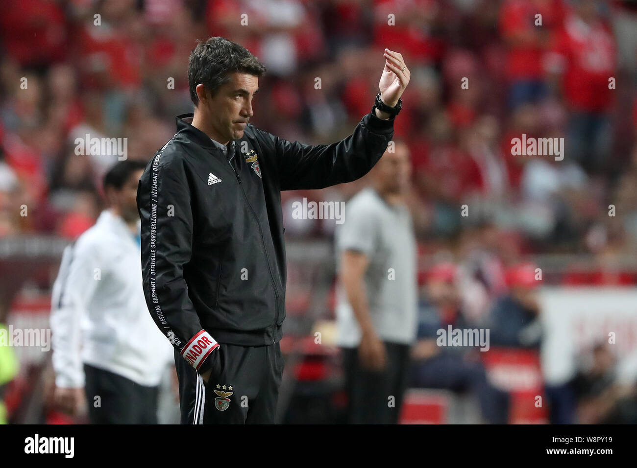 Lisbon, Portugal. 10th Aug, 2019. Benfica's head coach Bruno Lage gestures during the Portuguese league football match between Benfica and Pacos de Ferreira in Lisbon, Portugal, on Aug. 10, 2019. Credit: Petro Fiuza/Xinhua/Alamy Live News Stock Photo