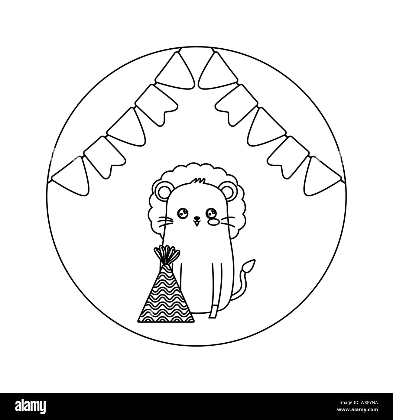 cute lion animal with hat party and garlands hanging vector ...