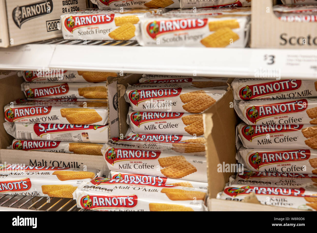 Arnotts australian biscuits scotch finger and milk coffee on a supermarket shelf in Sydney,Australia Stock Photo