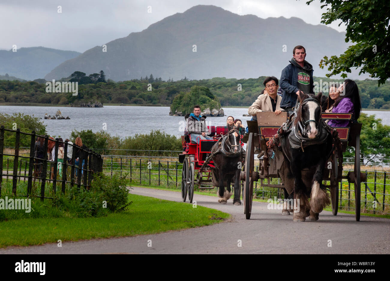 Ireland tourism.Asian Japanese tourists having fun while riding two two-wheeled carriages or jaunting cars for a short tour in Killarney National Park Stock Photo