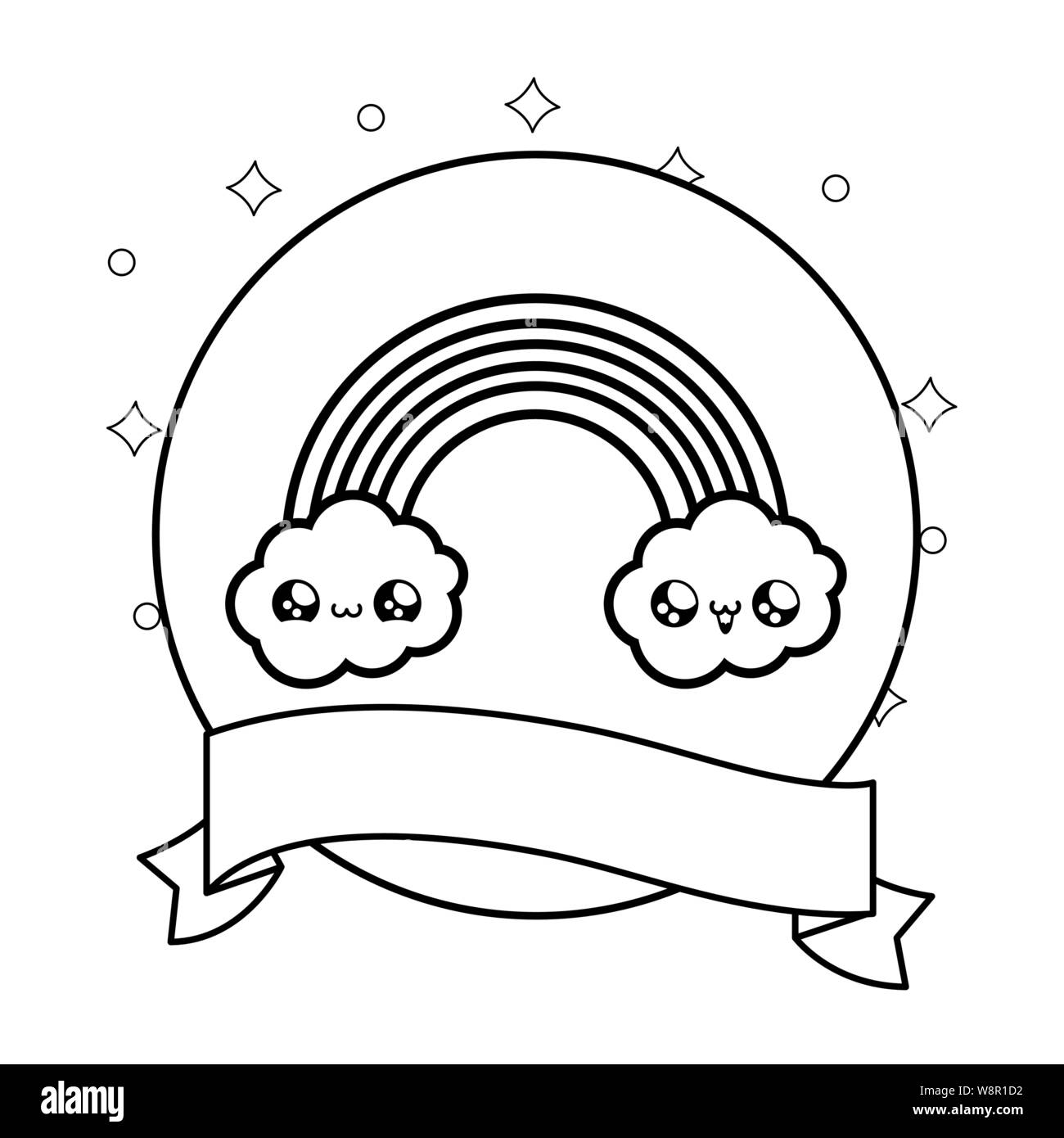 cute rainbow with clouds and ribbon decoration kawaii style vector ...