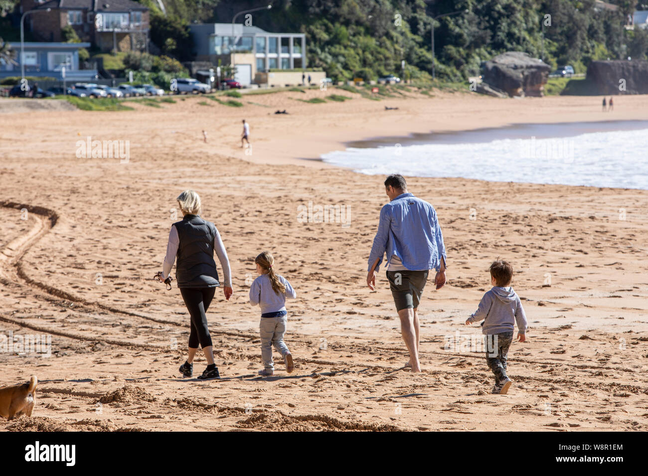 Parents father and mother with two young children boy and girl walking on the sand at Palm beach in Sydney Australia Stock Photo