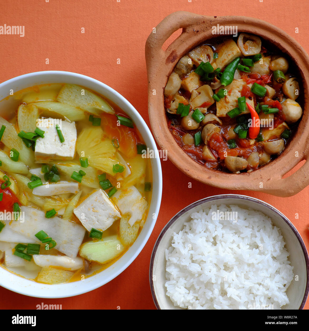 Top view vegetarian meal, vegetables soup from ingredient food as