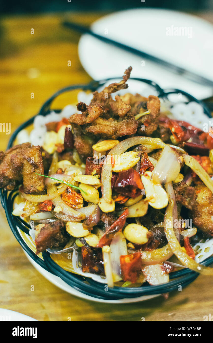 Sichuan spicy fried chicken cube, a common dish in china restaurant
