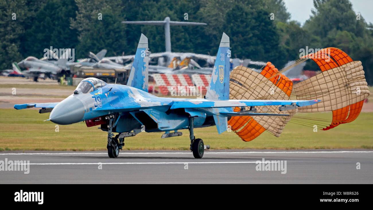 Sukhoi Su-27 at the Royal International Air Tattoo 2019Parachute Stock Photo