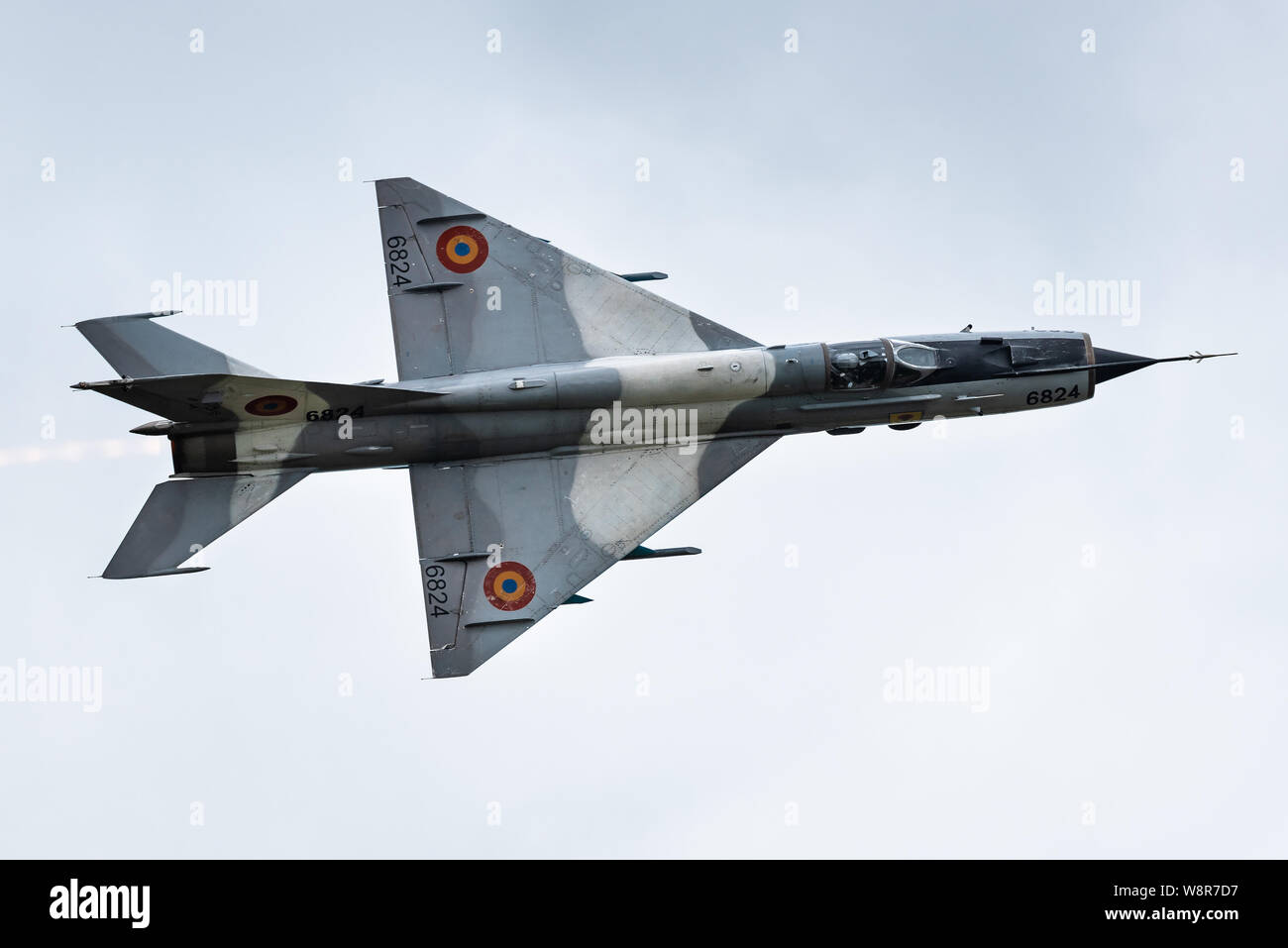A Mikoyan-Gurevich MiG-21 supersonic fighter jet of the Romanian Air Force. Stock Photo