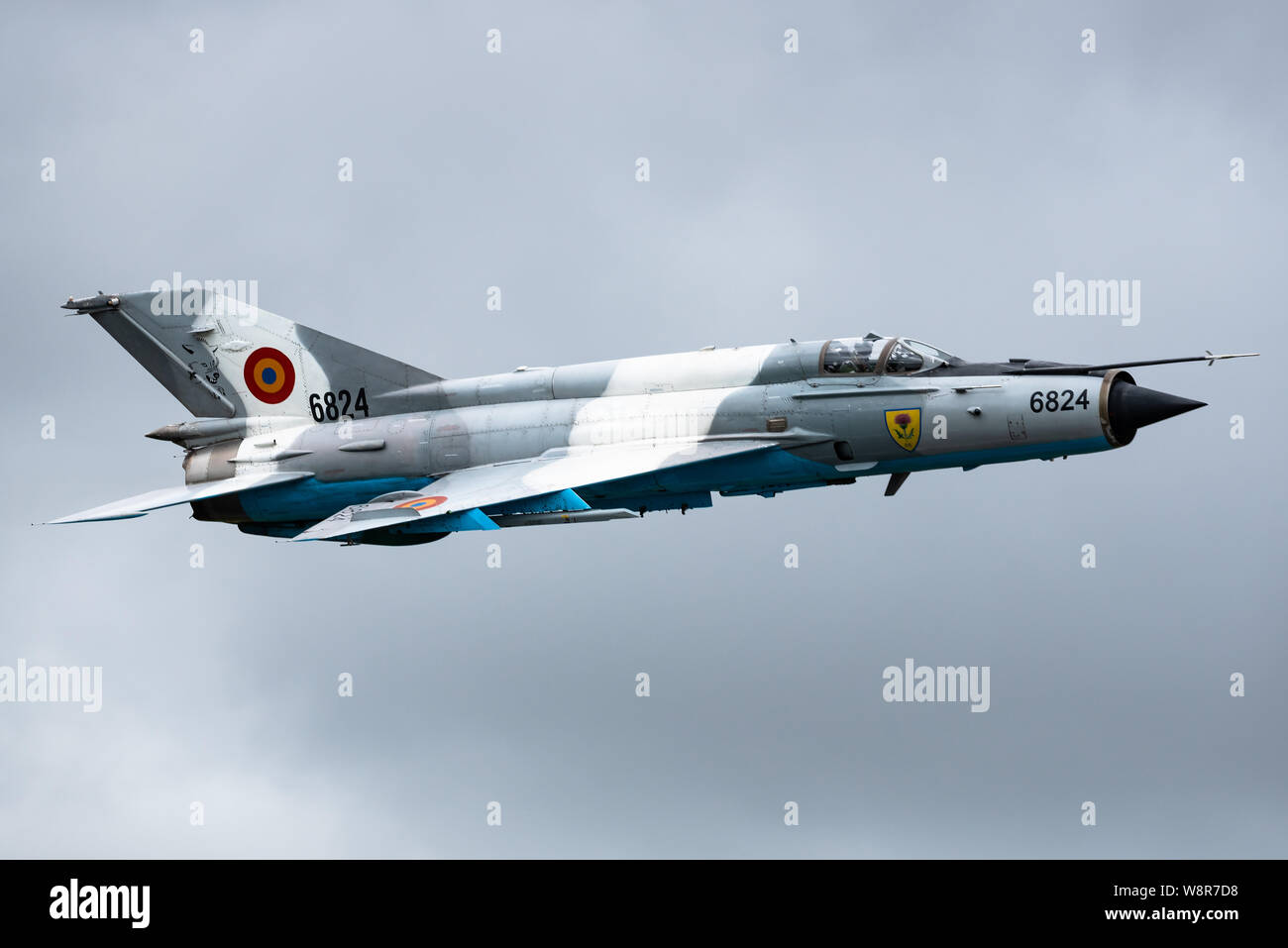 A Mikoyan-Gurevich MiG-21 supersonic fighter jet of the Romanian Air Force. Stock Photo