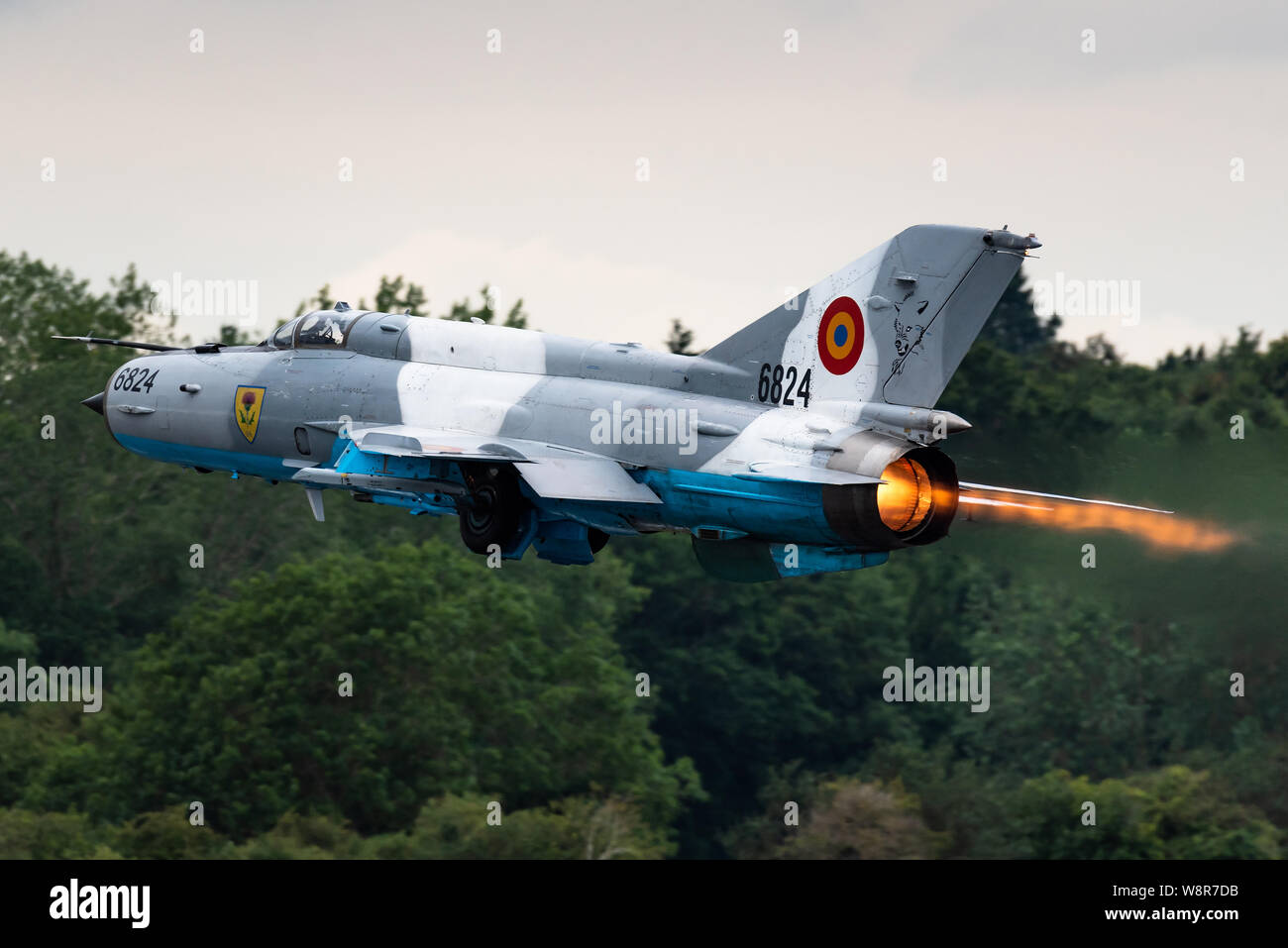 A Mikoyan-Gurevich MiG-21 supersonic fighter jet of the Romanian Air Force. Stock Photo