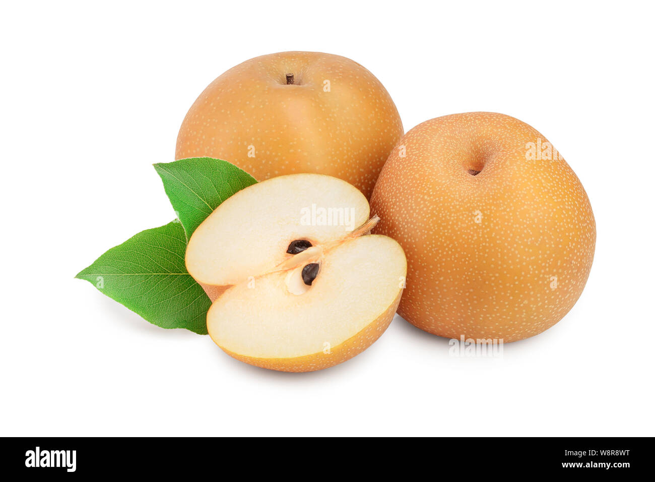 Fresh asian pears with leaf isolated on white background Stock Photo