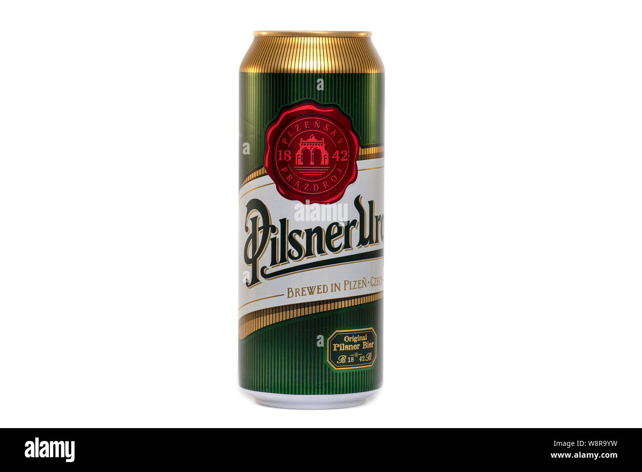 PRAGUE -AUG 10: Pilsner Urquell Beer isolated on  white  background in Prague on August 10. 2019 in Czech Republic Stock Photo