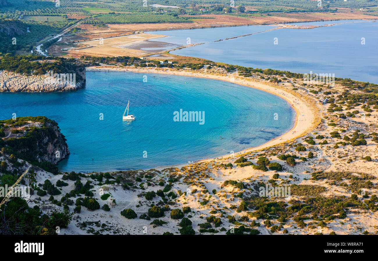 View of Voidokilia beach in the Peloponnese region of Greece, from the Palaiokastro (old Navarino Castle). Stock Photo