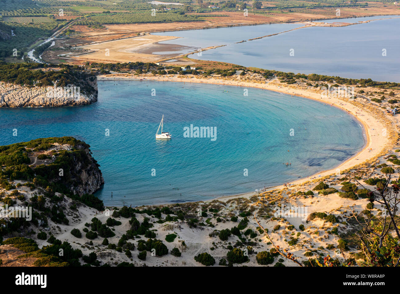 View of Voidokilia beach in the Peloponnese region of Greece, from the Palaiokastro (old Navarino Castle). Stock Photo