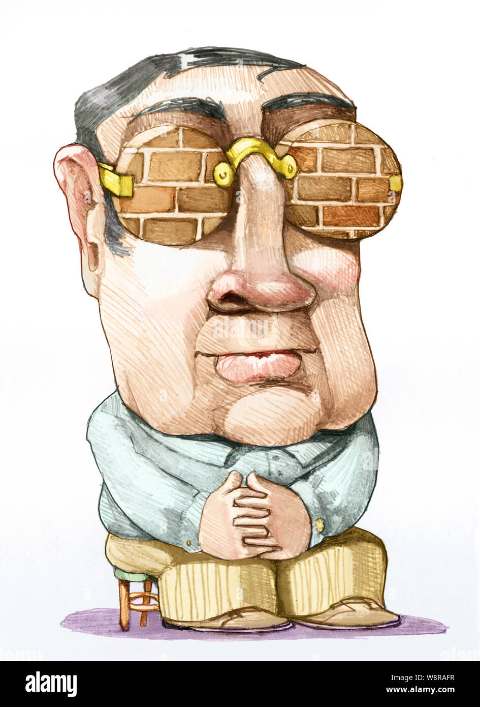 man wears glasses made of bricks allegory of indifference pencil draw Stock Photo
