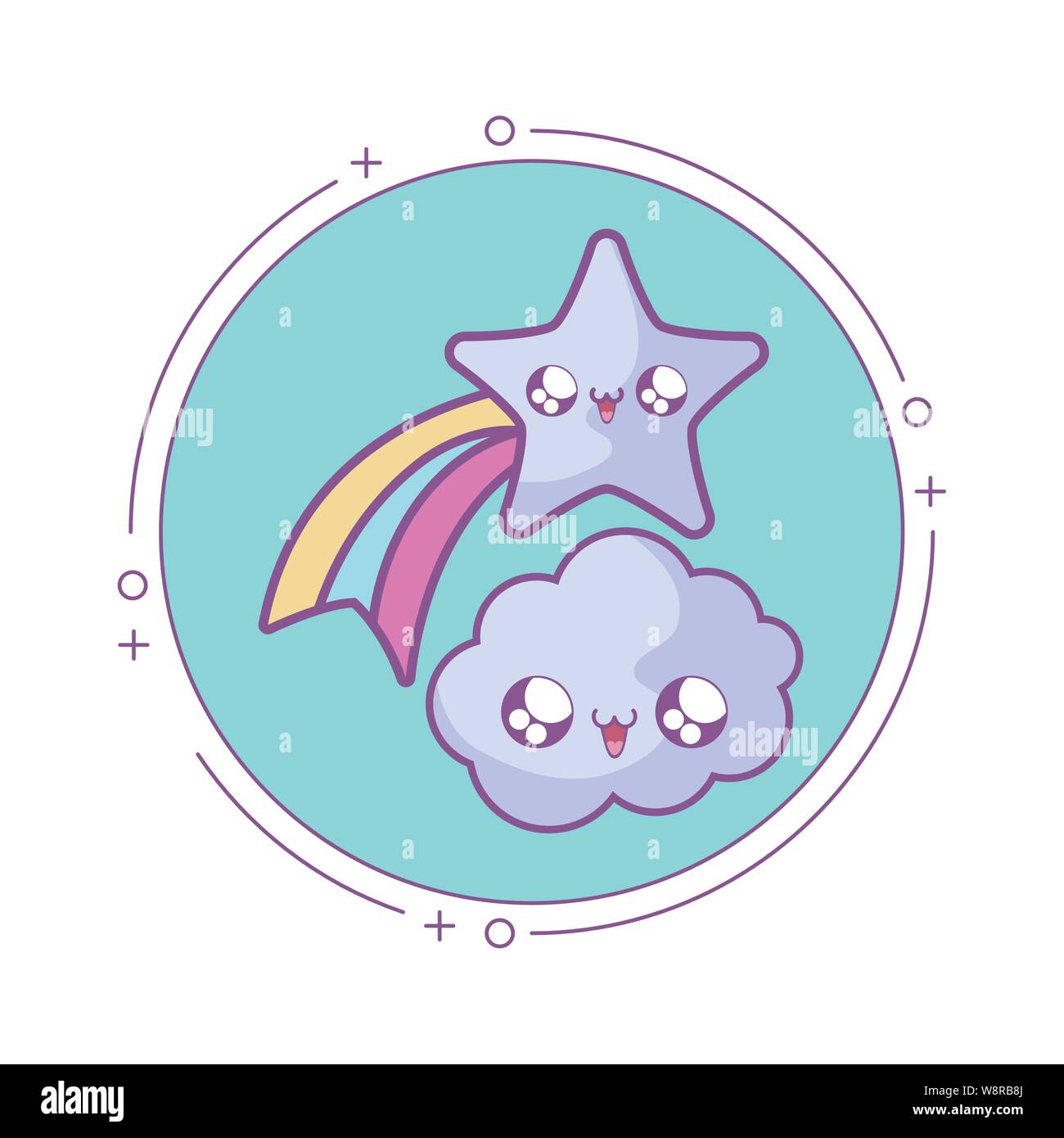 cute shooting star with cloud in frame circular kawaii style vector ...