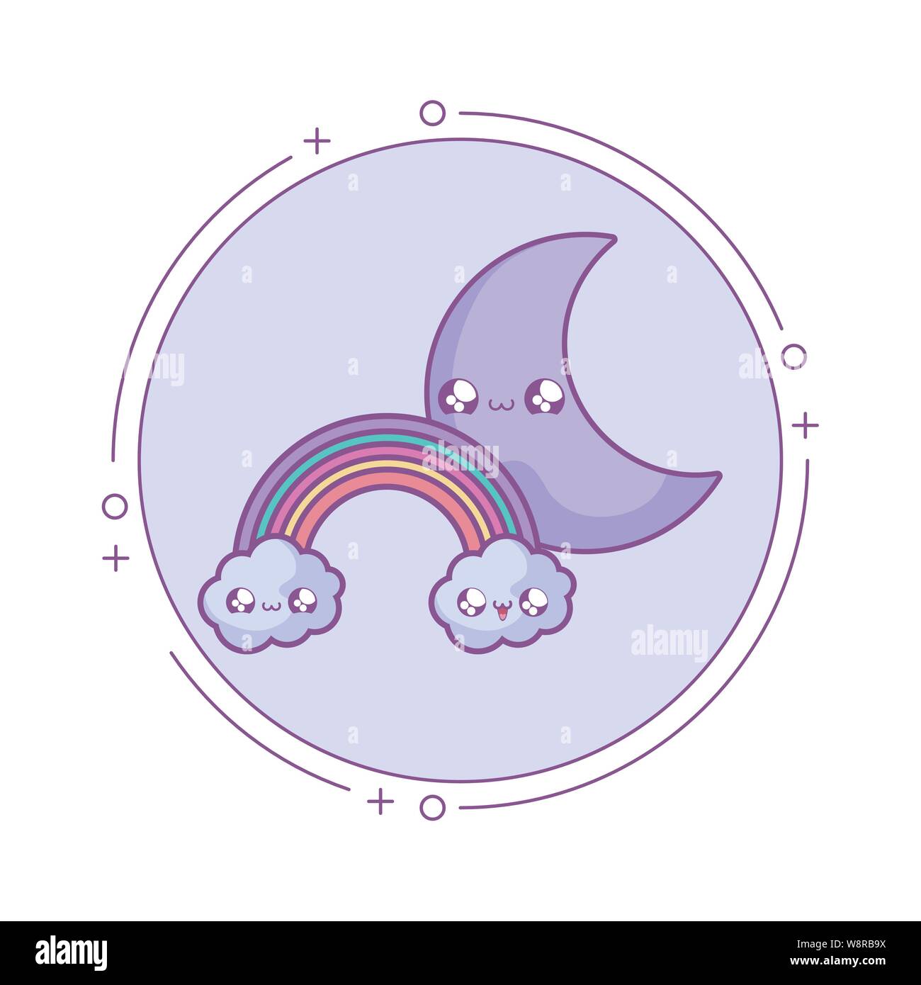 cute moon with rainbow in frame circular kawaii style vector ...