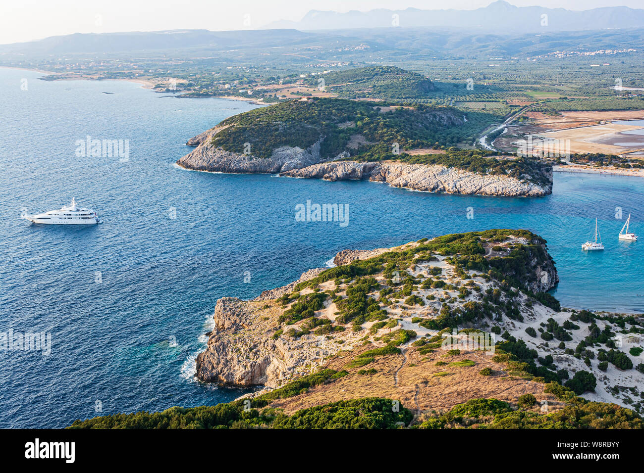View of Voidokilia beach in the Peloponnese region of Greece, from the Palaiokastro (old Navarino Castle). Stock Photo