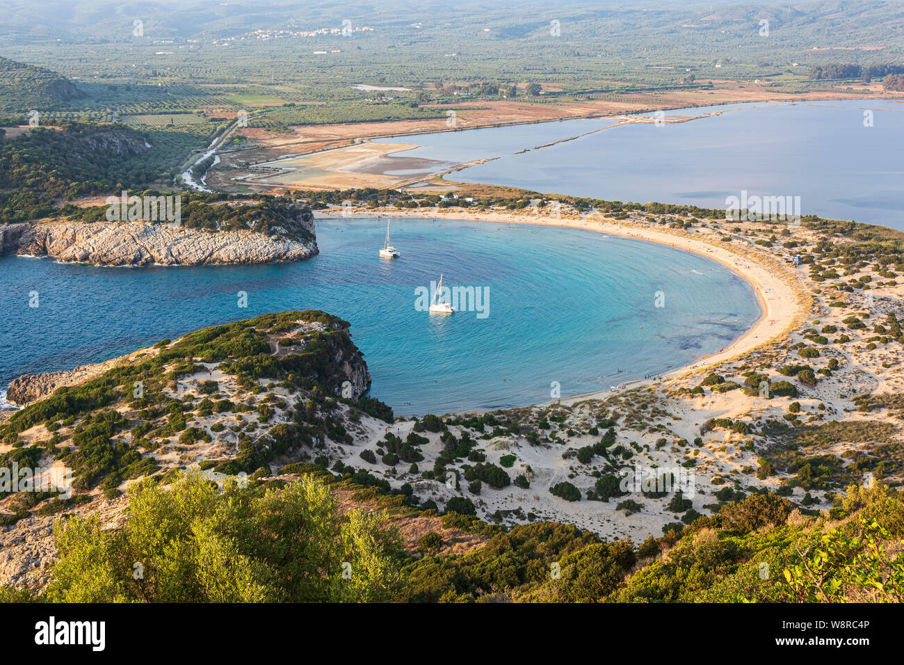 View of Voidokilia beach in the Peloponnese region of Greece, from the Palaiokastro (old Navarino Castle). Stock Photo