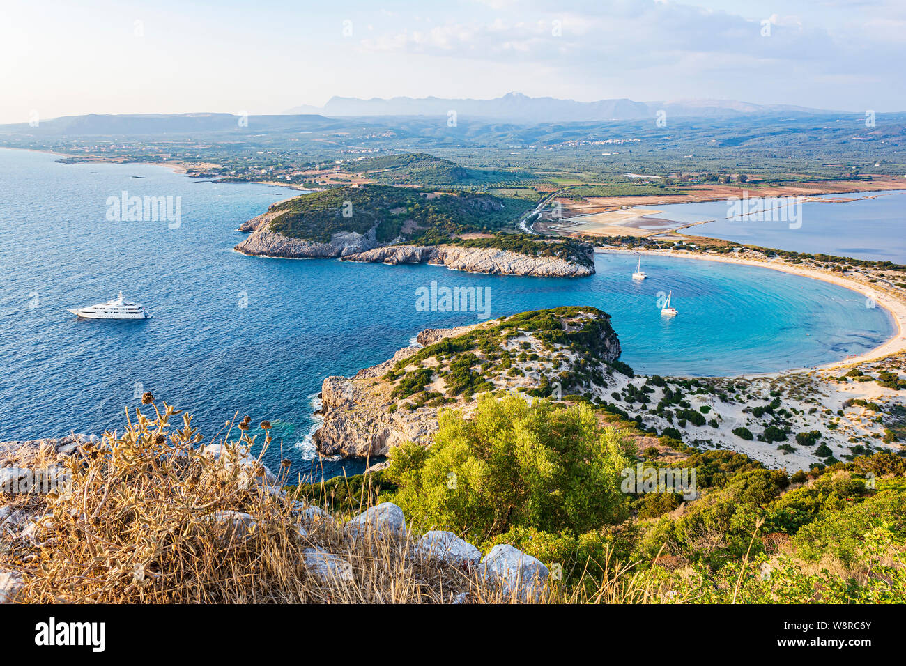 View of Voidokilia beach in the Peloponnese region of Greece, from the Palaiokastro (old Navarino Castle). Stock Photo