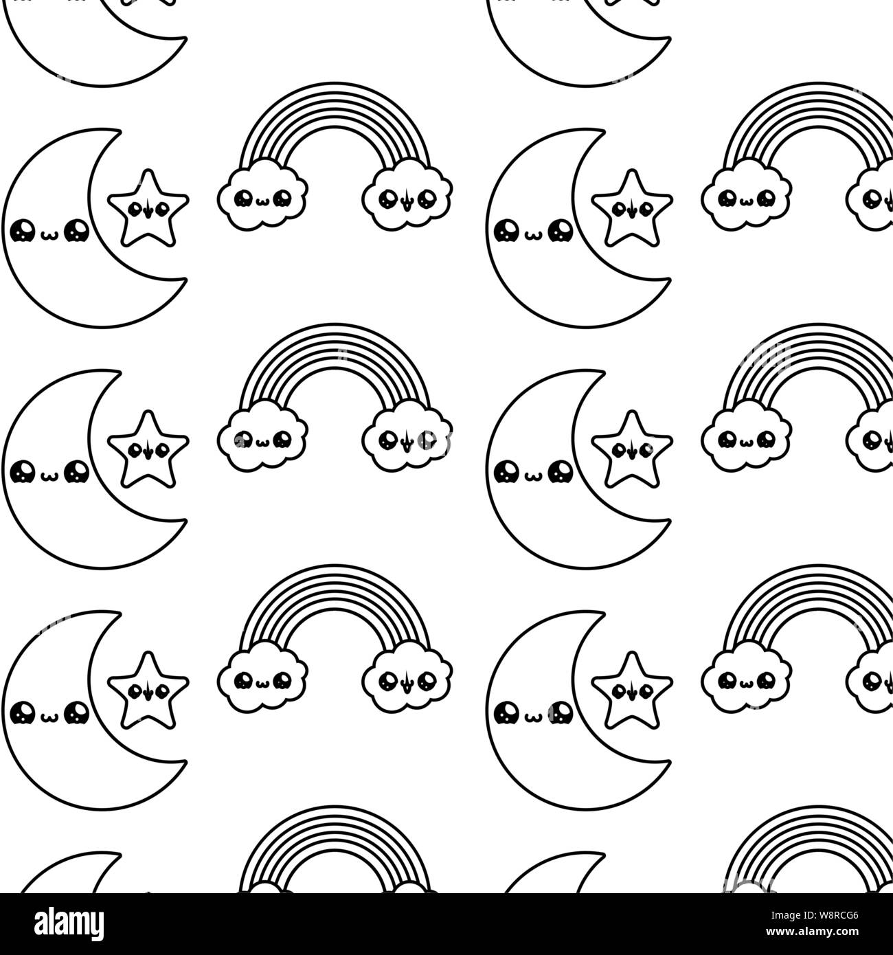 pattern of rainbow with clouds and moon kawaii style vector ...