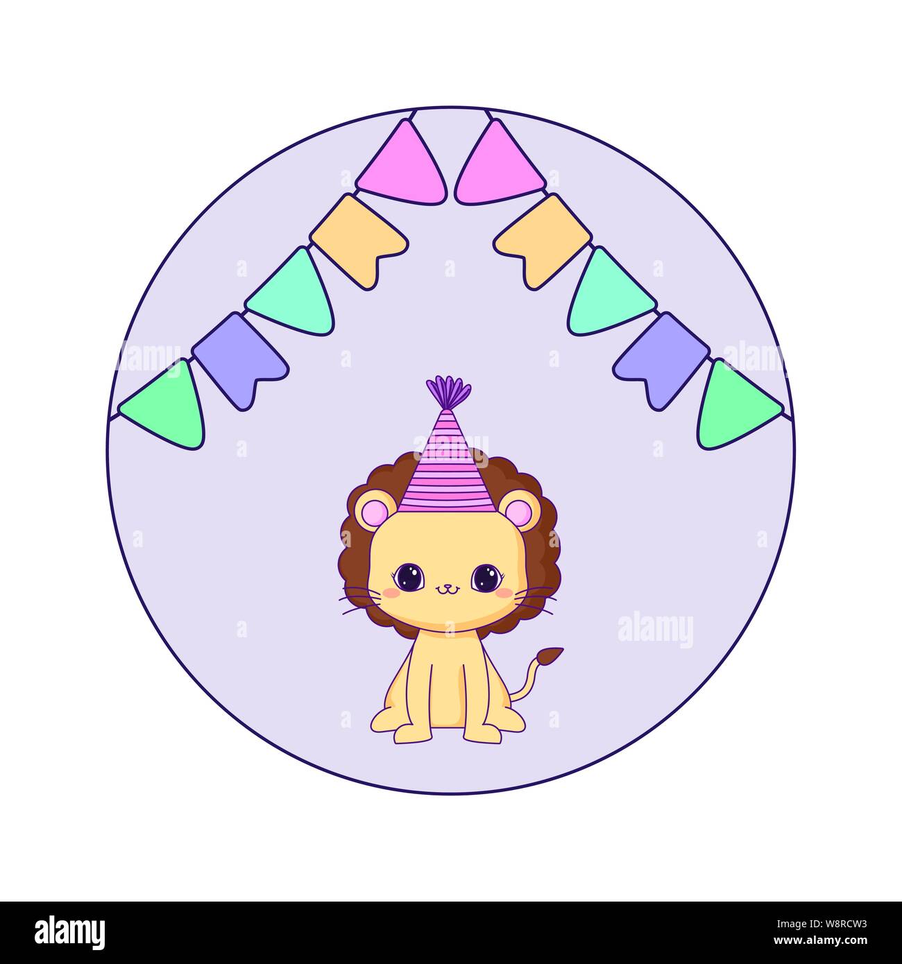 cute lion with hat party and garlands vector illustration design Stock ...