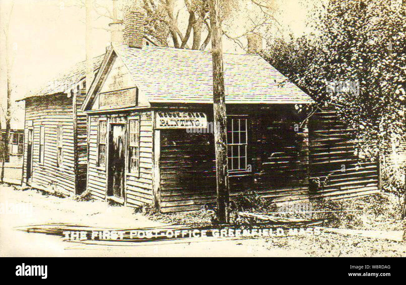 The first post office in Greenfield; from a c. 1910 postcard Stock