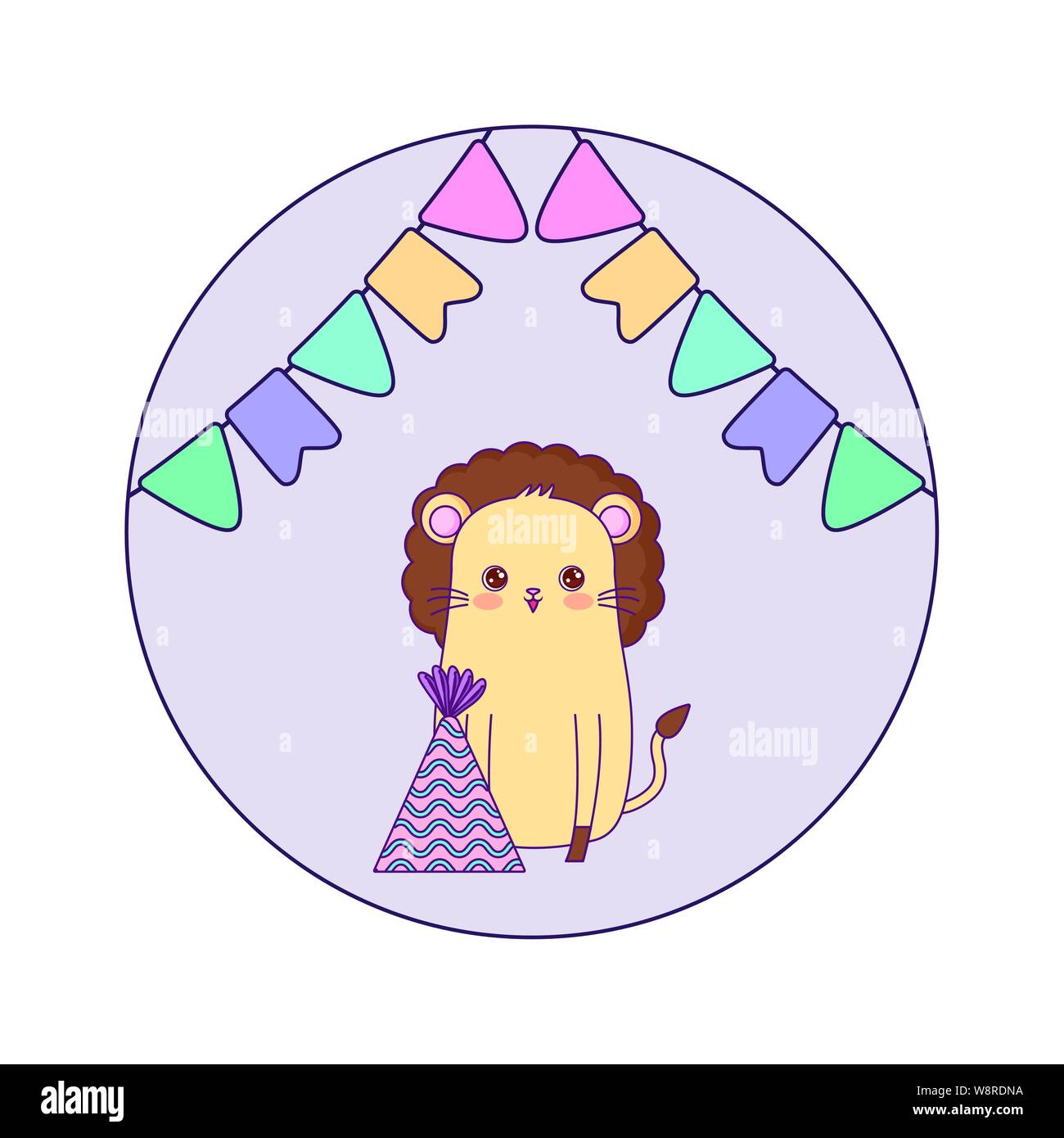 cute lion animal with hat party and garlands hanging vector ...