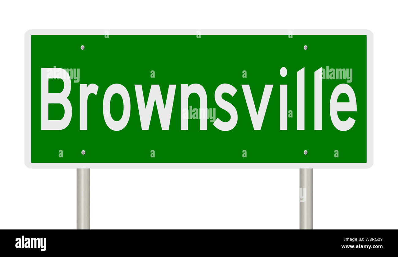 Rendering of a green highway sign for Brownsville Stock Photo