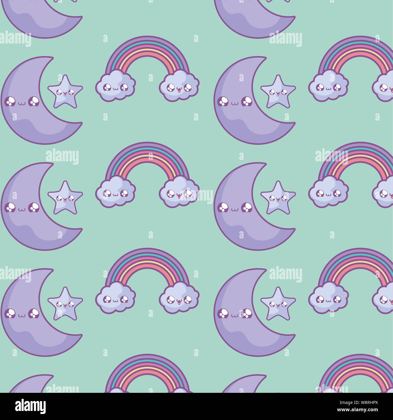 pattern of rainbow with clouds and moon kawaii style vector ...