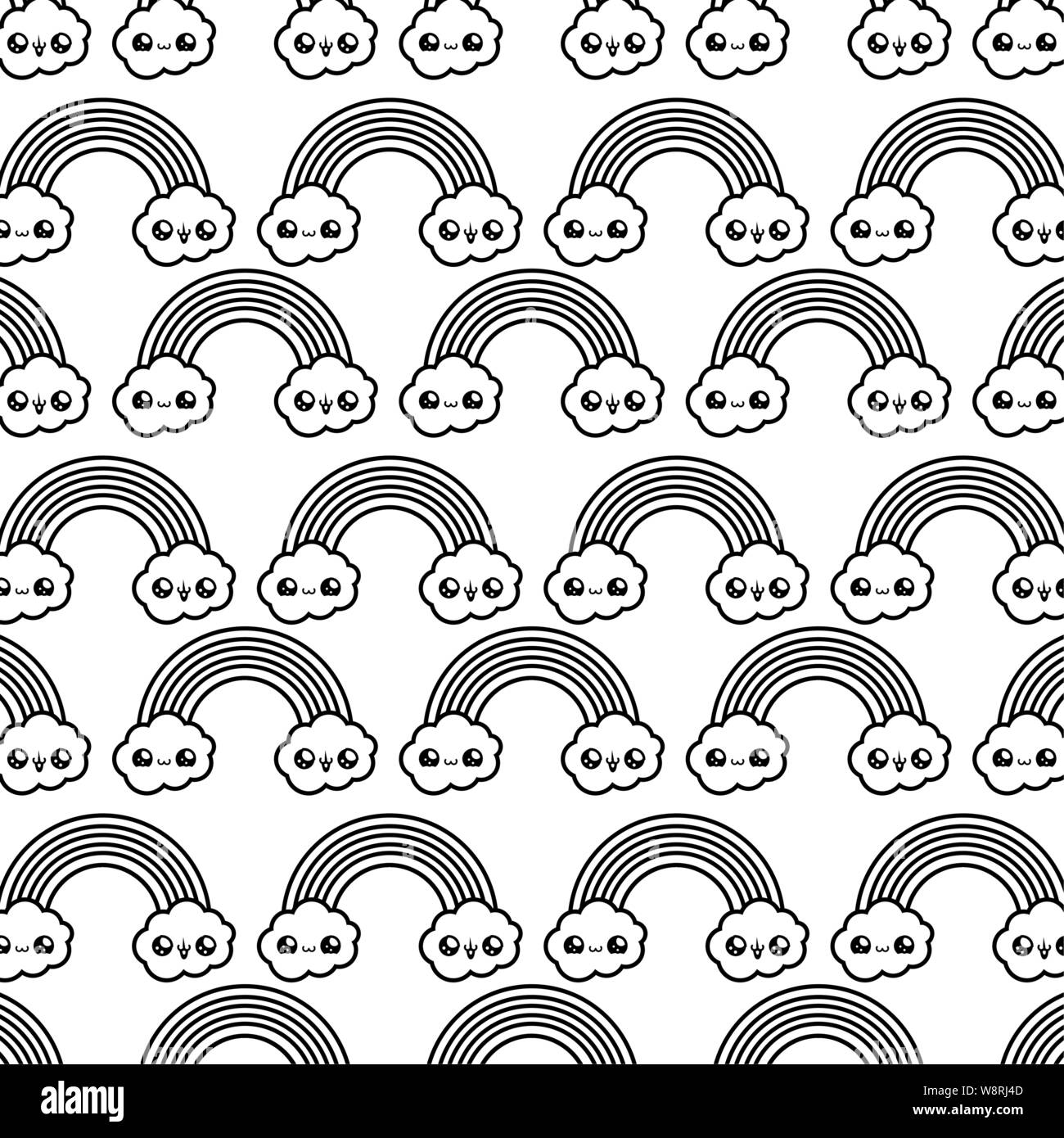 pattern of cute rainbow with clouds kawaii style vector illustration ...