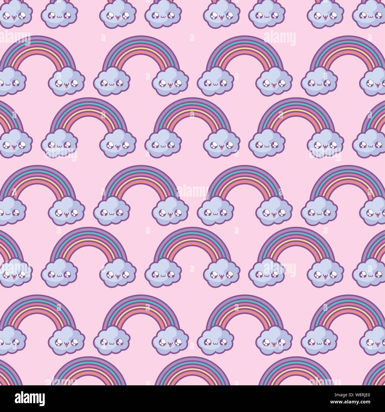 pattern of cute rainbow with clouds kawaii style vector illustration ...