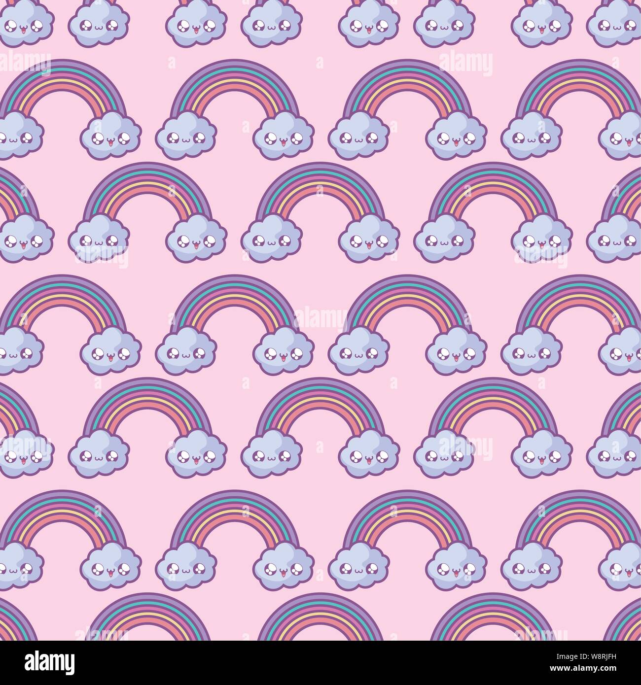 pattern of cute rainbow with clouds kawaii style vector illustration ...