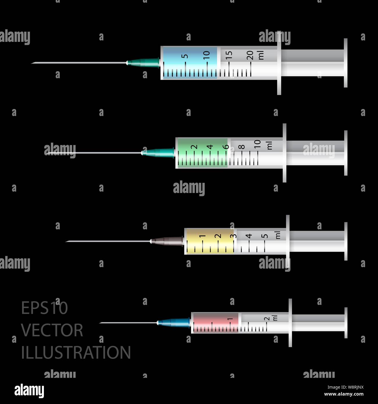 Medical syringe. Set of disposable plastic syringes of different sizes