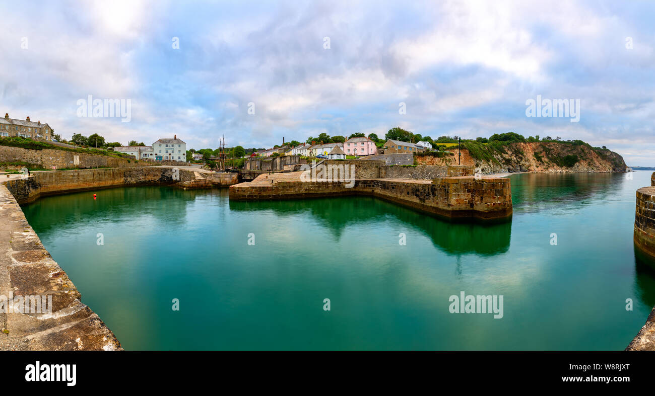 CHARLESTOWN, CORNWALL, UK - JUNE 30 2019: A panoramic view of the harbour in Charlestown near St Austell in Cornwall. Stock Photo