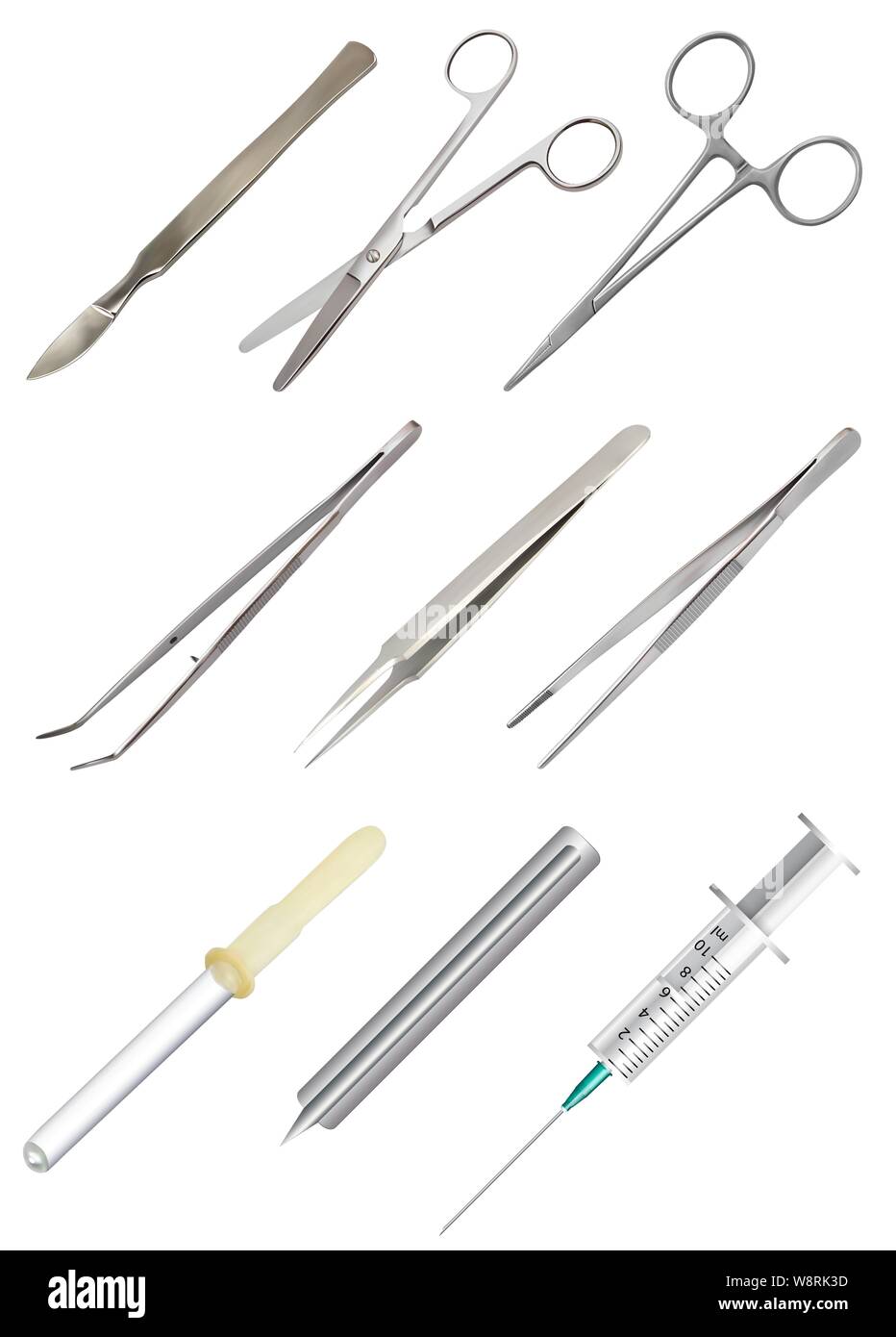 Set of medical hand tools. Tweezers of different types, allmetal